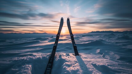 Two skis stand upright in the snow with a bright sunset in the background.