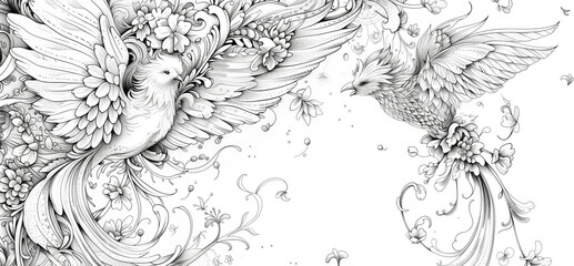 Obraz premium Black and white outline adult coloring book page, featuring fantasy character among flowers.