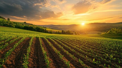 A scenic sunset over a lush green cornfield with rows of young plants in the countryside.