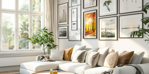 Stylish modern living room interior with many picture frames hanging on the wall above a sofa. Cozy living room arrangement with big window, soft blankets and pillows and house plants.