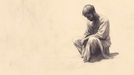 Biblical Illustration of Job’s Lament - Sitting in Dust, Overwhelmed by Sorrow, Beige Background
