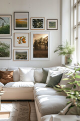 Stylish modern living room interior with many picture frames hanging on the wall above a sofa. Cozy living room arrangement with big window, soft blankets and pillows and house plants.