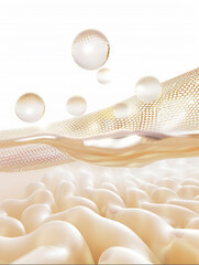 Golden essence flowing over skin cells with bubbles on white background