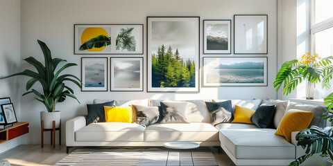 Stylish modern living room interior with many picture frames hanging on the wall above a sofa. Cozy living room arrangement with big window, soft blankets and pillows and house plants.