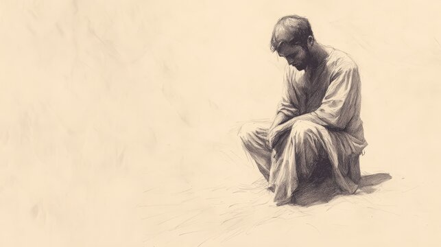 Biblical Illustration of Job’s Lament - Sitting in Dust, Overwhelmed by Sorrow, Beige Background