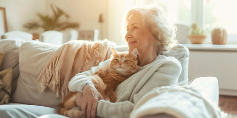 Fototapeta na wymiar Cheerful elderly lady relaxing on a sofa in sunny white living room with a cat on her lap. Senior woman stroking her pet at home.