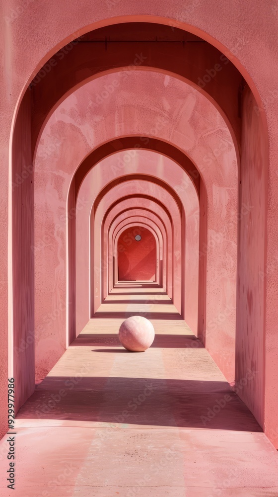 Poster A tranquil space featuring a series of minimalist pink arches with a single ball resting in the center, illuminated by soft daylight