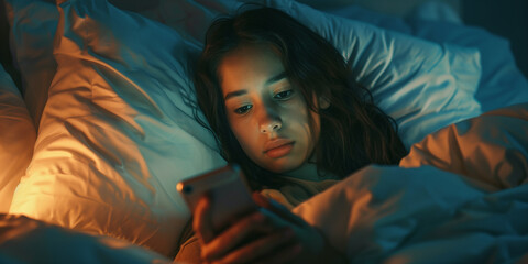 Sad person checking their smartphone at night. Woman scrolling through social media on her phone screen. Internet addiction in adults.