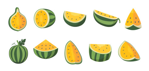 Yellow watermelon set isolated on white background, cartoon vector illustration, collection hybrid yellow water melon, semangka kuning clip art, whole and slice watermelon fruit