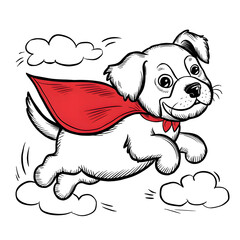 Playful Puppy wearing a superhero cape, flying through the sky simple thick black line art for children cartoon coloring book pages. Clean drawing on white background