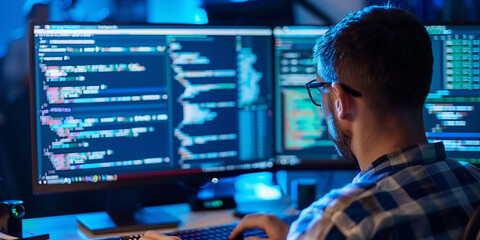 Software developer illuminated by the glow of multiple monitors, deep in focus, with lines of code reflected in their glasses.