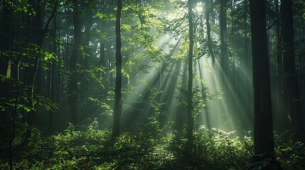 Obraz premium Morning in the woods. The dense forest has tall trees and sunlight streaming through the canopy and a quiet atmosphere on the forest floor