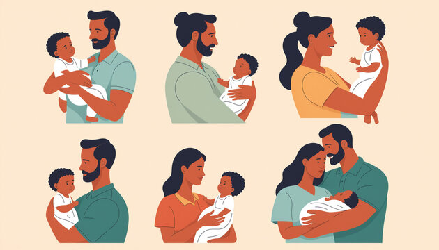 Set illustrations famille parents maman papa tenant bras b&eacute;b&eacute; enfant.