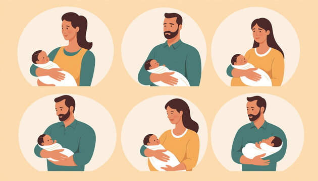 Set illustrations famille parents maman papa tenant bras b&eacute;b&eacute; enfant.