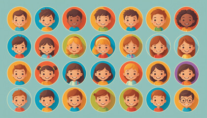 Set isolé illustration icône portrait enfant école fun profil avatar diversité.