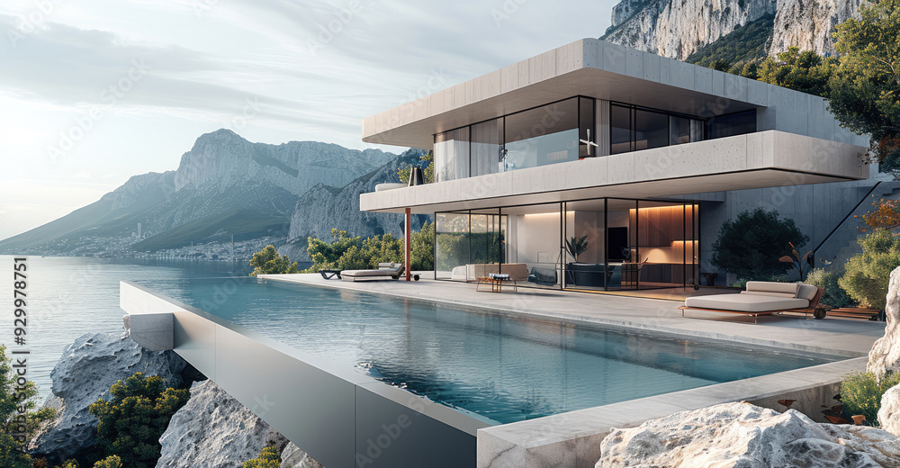 Poster Modern house with pool and terrace, overlooking the sea and mountains, with large rocks in front of it, modern architecture style, architectural rendering. Generative AI.