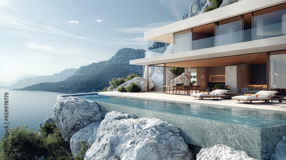 Poster Modern house with pool and terrace, overlooking the sea and mountains, with large rocks in front of it, modern architecture style, architectural rendering. Generative AI.