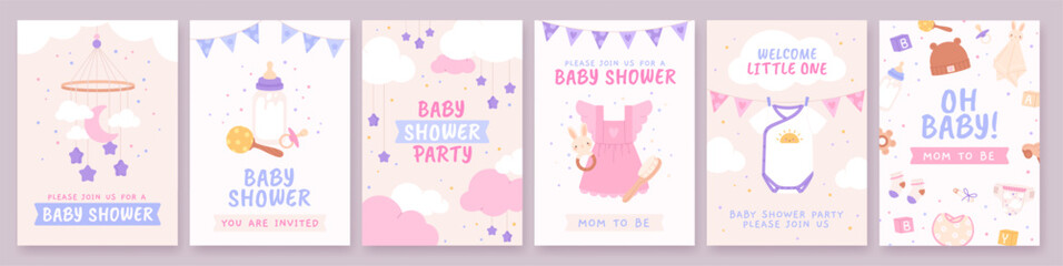 Baby shower invitation cards design. Babies elements, clothes toys crockery. Decorative banners for baby born party, banners racy vector template
