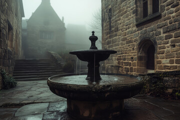 Elegant Gothic Fountain Amidst Castle Ruins