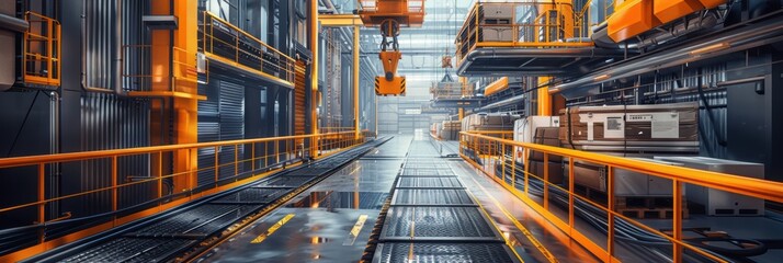 Industrial factory interior with yellow and orange steel structures, showcasing advanced manufacturing and modern industrial design