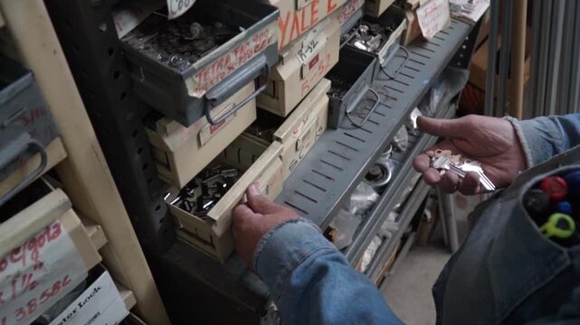 Hispanic male locksmith holds keys in his hand and looks at a drawer full of keys in his workshop. Mexico.
