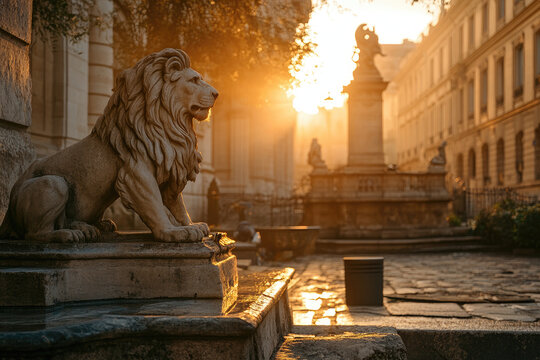 Grand Stone Fountain with Lion Statues in an Old Courtyard