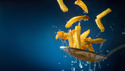 The oil droplets and light steam are beautifully captured in mid-air, French fries dark. ai generated