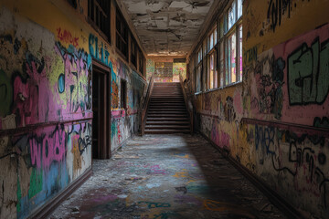 Fototapeta premium Desolate Graffiti Art in Derelict High School Hallways