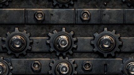 seamless pattern, Close-up view of metallic gears and mechanical components, showcasing industrial design and engineering details.