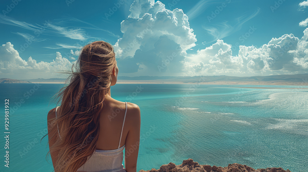 Wall mural a beautiful young woman looks at the beautiful sea, clouds and mainland in the far distance the red 