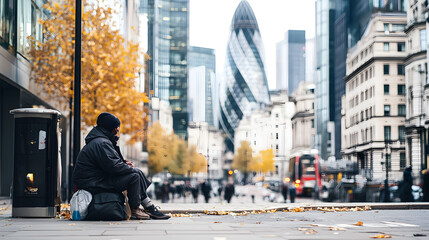 Fototapeta premium Unemployment, joblessness, economy concept. Homeless person on the street with a backdrop of luxury cityscape