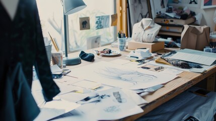 A bright design studio filled with sketches, fabric samples, and tools, reflecting an organized yet busy creative atmosphere focused on fashion and design.