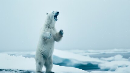 A powerful polar bear stands on icy terrain, roaring with dominance under the cold, overcast skies of the Arctic.