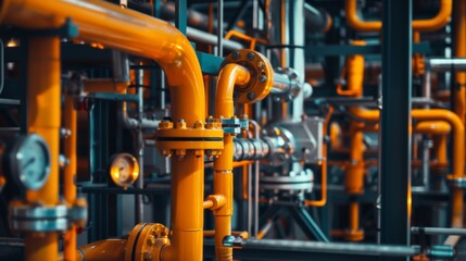 Fototapeta premium Intricate yellow-orange pipework interlaces within an industrial facility, depicting the organized complexity and efficiency of modern engineering.