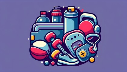 Fototapeta premium A collection of various sports and fitness equipment purple background