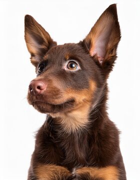 笑顔のオーストラリアン・ケルピーの子犬のポートレート（Portrait of a smiling Australian Kelpie puppy on white background）
