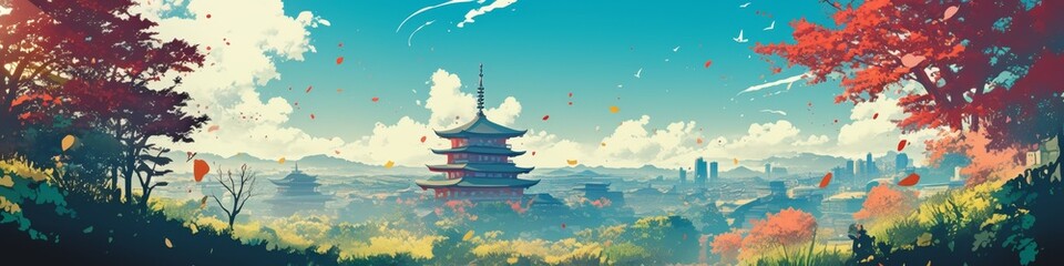 Obraz premium Enchanting Japanese Fantasy Adventure: Vibrant Anime-Style Digital Art Showcasing Ancient Architecture and Cultural Wonders. Perfect for Game Design, Tourism Marketing, UI Elements, and 4K Wallpapers.