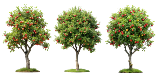 Set of green trees with apples on a transparent background. Plants and flowers concept.