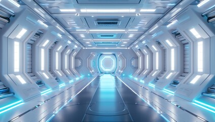 Obraz premium Futuristic white and blue sci-fi interior with glowing lights, futuristic background design for digital art