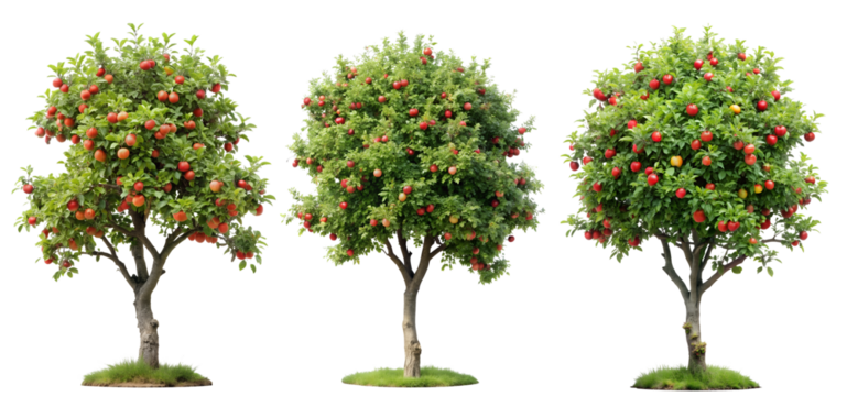 Set of green trees with apples on a transparent background. Plants and flowers concept.