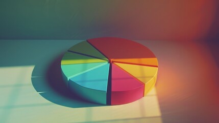 A multicolored pie chart on a white surface, illuminated by warm, soft gradient lighting from the side, depicting statistics and data visualization.