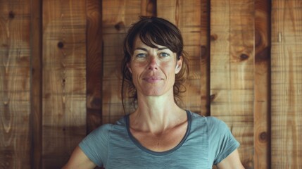 Fototapeta premium A woman standing against a wooden wall sports a serene smile, with her casual attire and calm presence blending harmoniously with the rustic wooden backdrop.