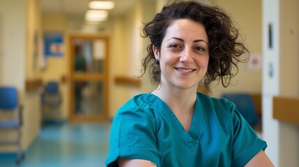 Fototapeta premium A nurse with short, curly hair smiles warmly in a brightly-lit hospital hallway, evoking a sense of compassion and professionalism.