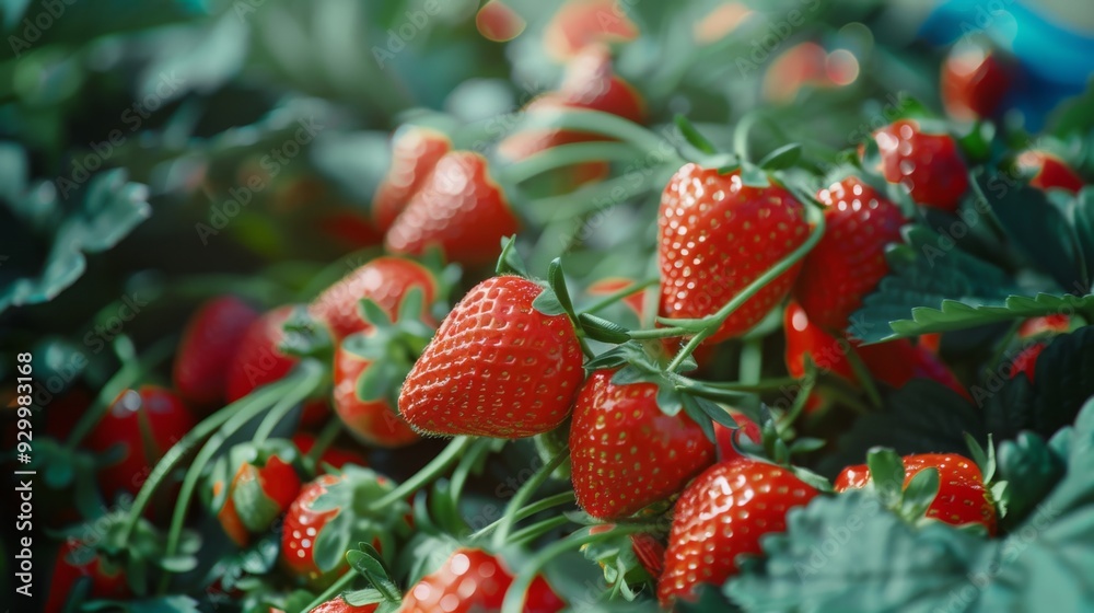 Poster A vibrant bunch of strawberries with lush green leaves glistens under the sunlight, showcasing their juicy, ripe appeal.