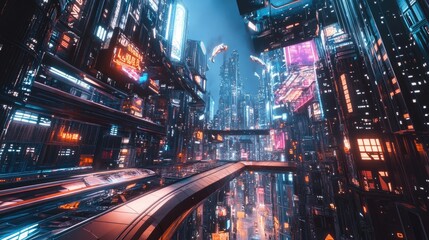 Fototapeta premium A bright, futuristic city where dreams become reality, with endless possibilities seen in the dynamic architecture and vibrant atmosphere.