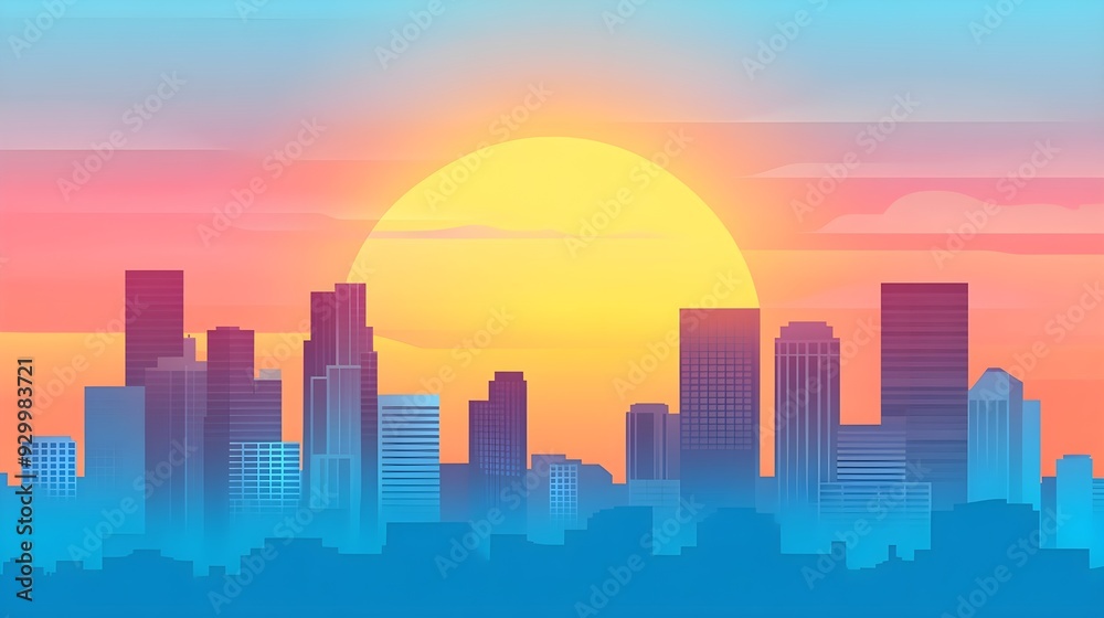 Wall mural sunset cityscape with silhouette buildings and blue sky