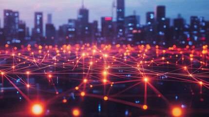 Smart digital city with connection network reciprocity over the cityscape . Concept of future smart wireless digital city and social media networking systems that connects people within the city