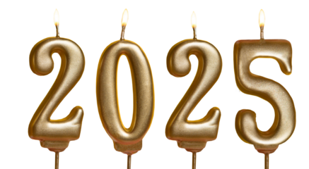 Candles on a transparent background, png. Happy new year 2025. Christmas card banner with golden decorative candles. Mockup.	