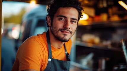 Fototapeta premium Portrait of a food truck owner young man in apron at food truck