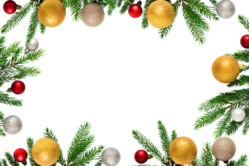 Christmas tree branches with red, gold and silver balls in PNG isolated on transparent background, frame	